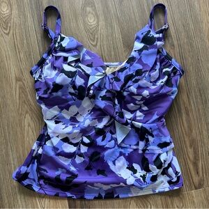 Trimshaper Tankini Top 12 Purple Swimsuit Floral Ruffle V-Neckline Slimming Bra